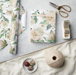 Elegant Gold Floral Etching Creme Watercolor Rose Wrapping Paper