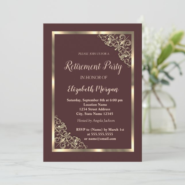Elegant Gold Floral Frame Brown Retirement Invitation (Standing Front)