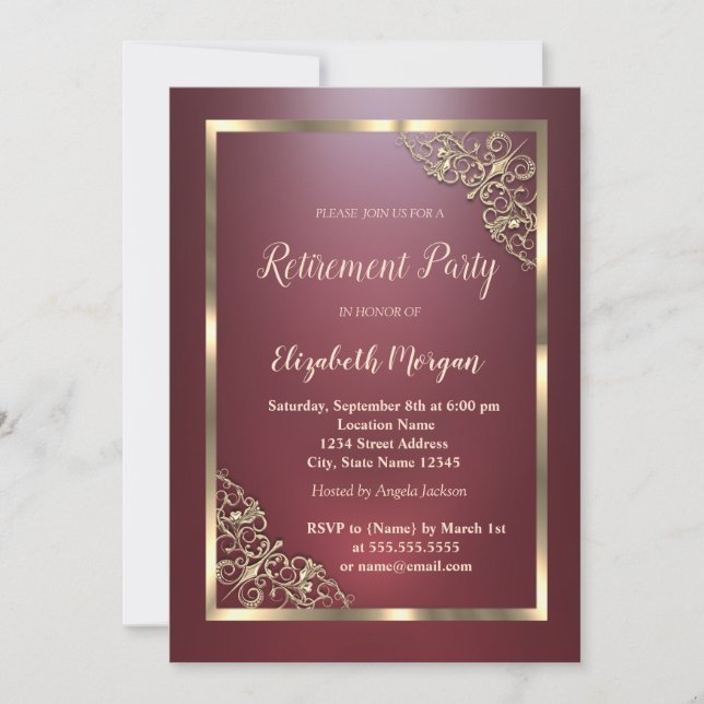 Elegant Gold Floral Frame Red Retirement Invitation (Front)