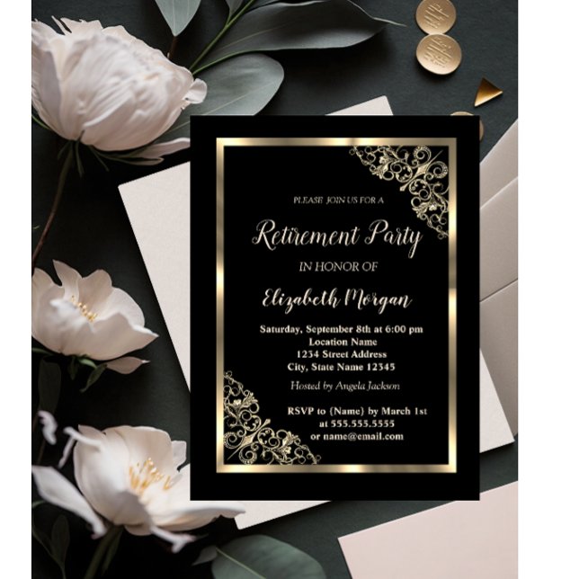 Elegant Gold Floral Frame Retirement Invitation (Creator Uploaded)