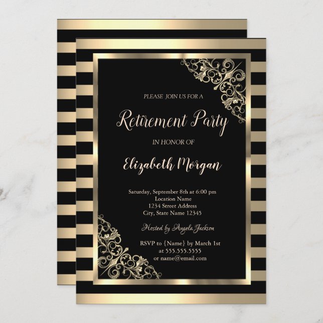 Elegant Gold Floral Frame Striped Retirement Invitation (Front/Back)