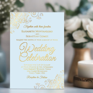 Elegant Gold Floral Frills on Powder Blue Wedding