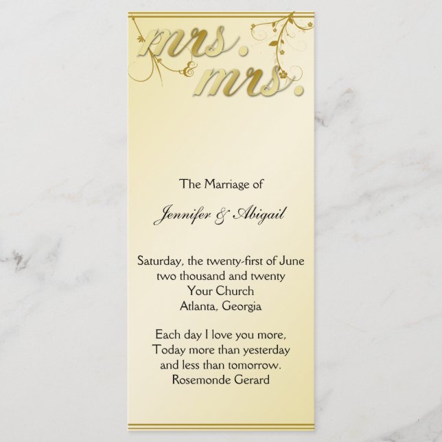 Élégant Gold Floral Gay Wedding Programme (Devant)
