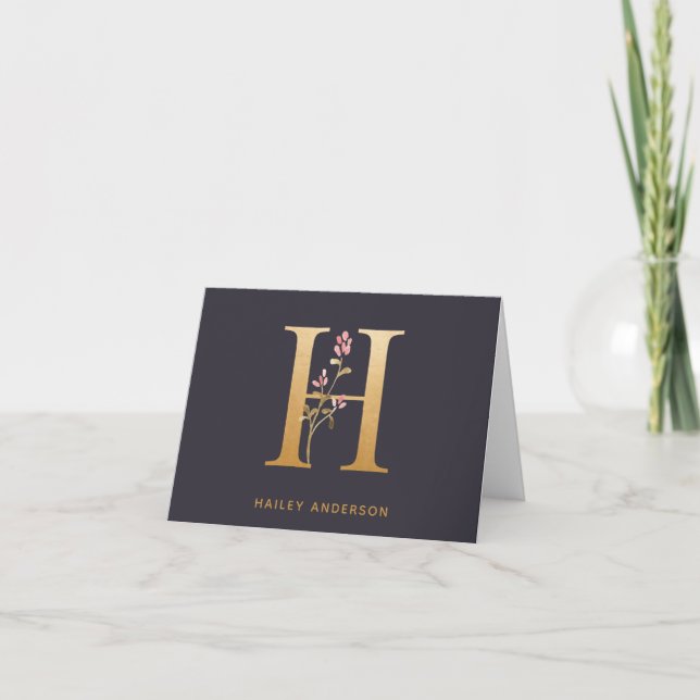 Elegant Gold Floral H Monogram Chic Personalized Note Card (Front)