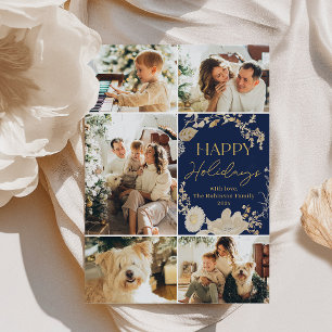 Elegant Gold Floral Happy Holiday Card
