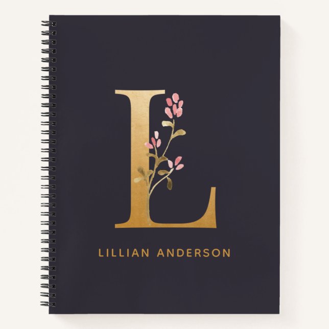 Elegant Gold Floral L Monogram Chic Personalized Notebook (Front)