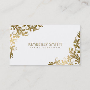 Elegant Gold Floral Lace White Background Business Card