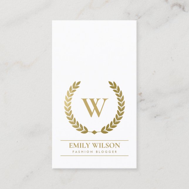 ELEGANT GOLD FLORAL LAUREL WREATH INITIAL MONOGRAM BUSINESS CARD (Front)