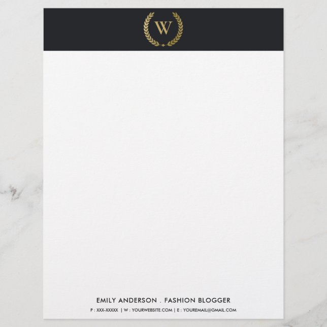 ELEGANT GOLD FLORAL LAUREL WREATH INITIAL MONOGRAM LETTERHEAD (Front)