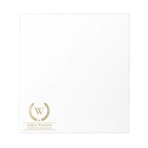 ELEGANT GOLD FLORAL LAUREL WREATH INITIAL MONOGRAM NOTEPAD