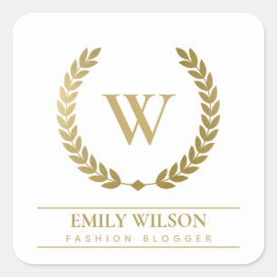 ELEGANT GOLD FLORAL LAUREL WREATH INITIAL MONOGRAM SQUARE STICKER