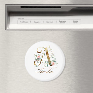Elegant Gold Floral Letter A Round Fridge Magnet