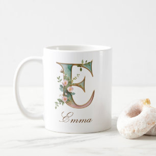 Elegant Gold Floral Letter E Monogram Mug