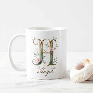 Elegant Gold Floral Letter H Monogram Mug