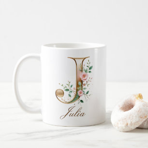 Elegant Gold Floral Letter J Monogram Mug