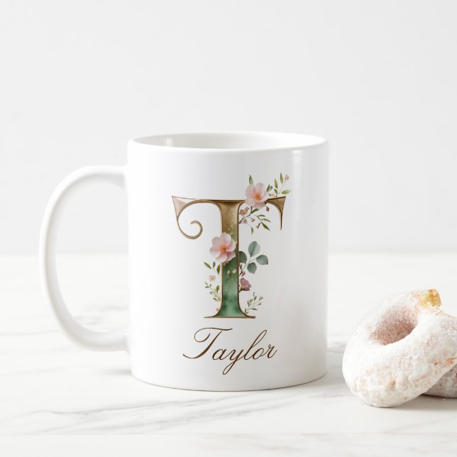 Elegant Gold Floral Letter T Monogram Mug (With Donut)