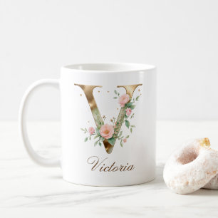 Elegant Gold Floral Letter V Monogram Mug