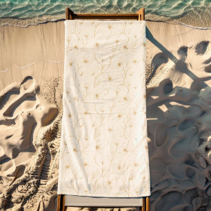 Elegant Gold Floral Line Art Seamless Pattern Beach Towel