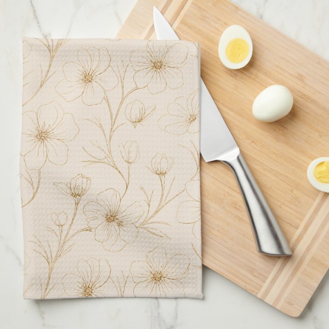 Elegant Gold Floral Line Art Seamless Pattern Kitchen Towel (Quarter Fold)