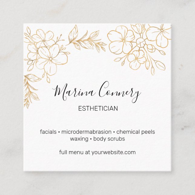 Elegant Gold Floral Line Drawing Aesthetician Square Business Card (Front)