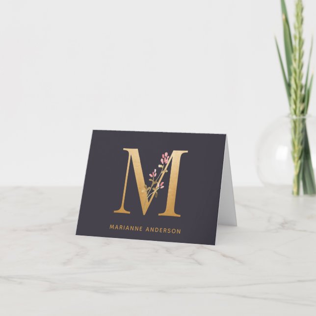 Elegant Gold Floral M Monogram Chic Personalized Note Card (Front)