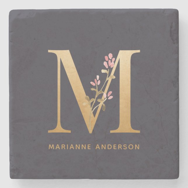 Elegant Gold Floral M Monogram Chic Personalized  Stone Coaster (Front)