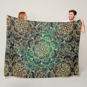 Elegant Gold Floral Mandala Green Blue Design Fleece Blanket