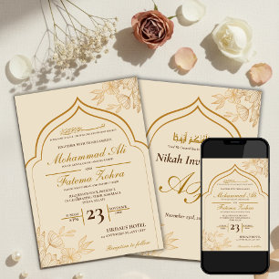Elegant Gold Floral Masjid Muslim Wedding Nikah In Invitation