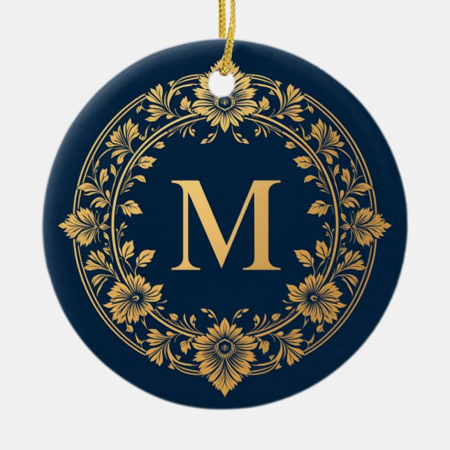Elegant Gold Floral Monogram Design Ceramic Ornament (Front)