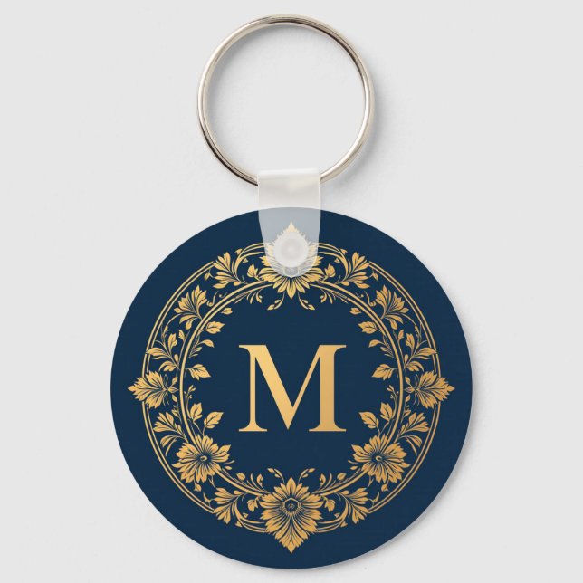 Elegant Gold Floral Monogram Design Keychain (Front)