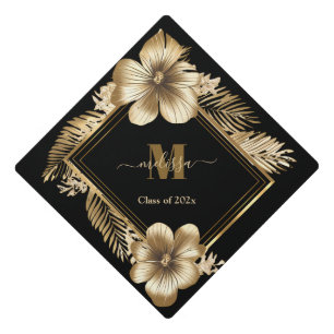 Elegant Gold Floral Monogram graduate name Graduation Cap Topper