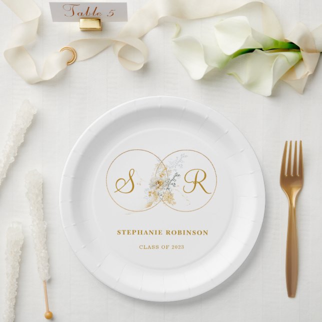 Elegant Gold Floral Monogram Graduation Party Paper Plate (Wedding)