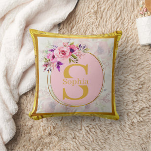 Elegant Gold Floral Monogram I Personalized Name Throw Pillow