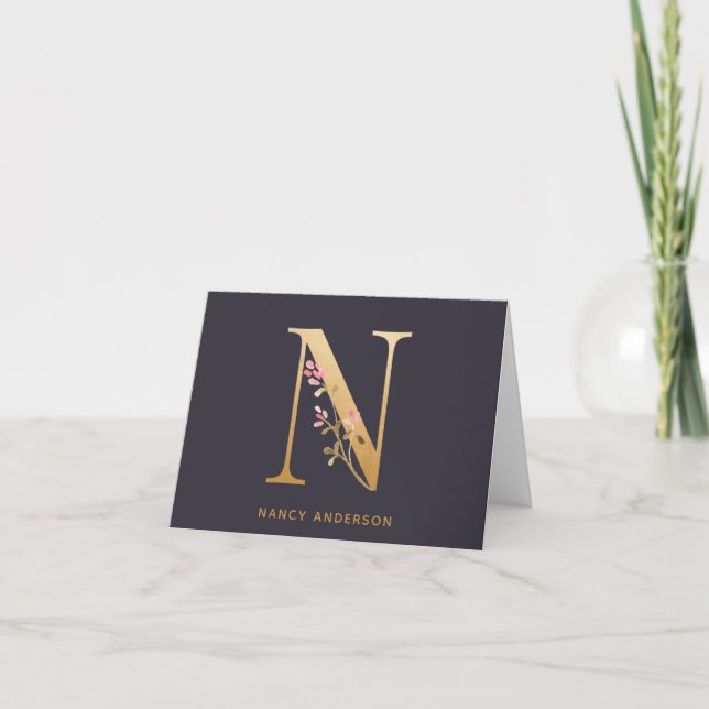 Elegant Gold Floral N Monogram Chic Personalized Note Card (Front)