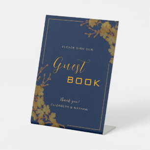 Elegant Gold Floral Navy Blue Guestbook Sign