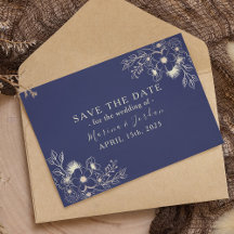 Elegant Gold Floral Navy Blue Save the Date Card