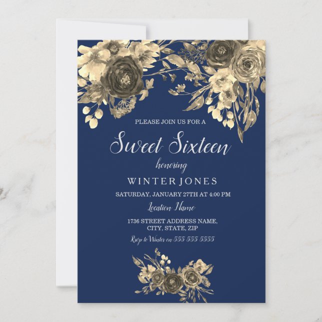 Elegant Gold Floral Navy Blue Sweet 16 Invite (Front)
