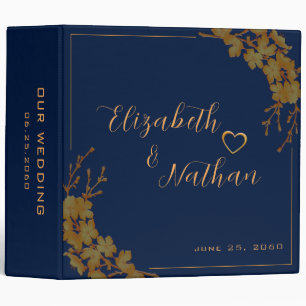 Elegant Gold Floral Navy Blue Wedding Notes Photos Binder
