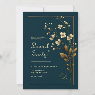 Elegant Gold Floral Navy Wedding Invitation