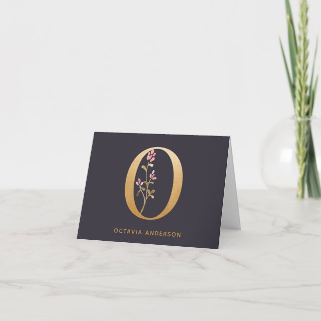 Elegant Gold Floral O Monogram Chic Personalized Note Card (Front)