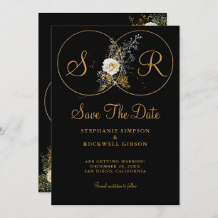 Elegant Gold Floral On Black Monogram Wedding Save The Date