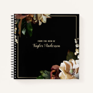 Elegant Gold Floral on Black Personalized Notebook