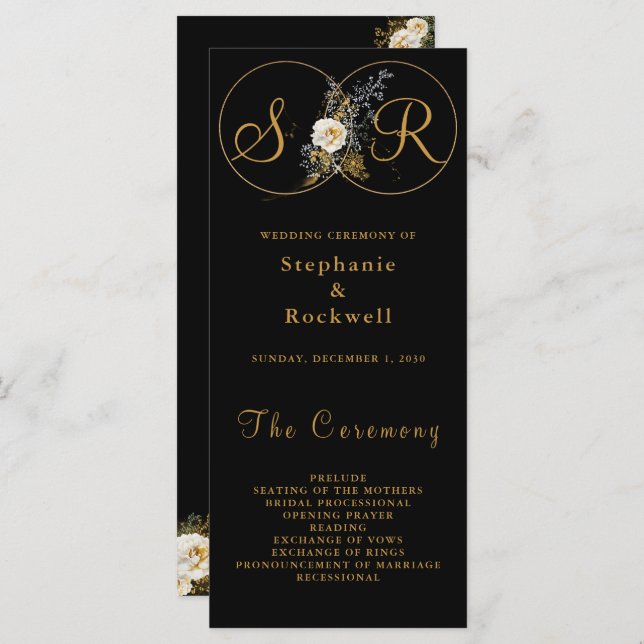 Elegant Gold Floral On Black Wedding Program  (Front/Back)