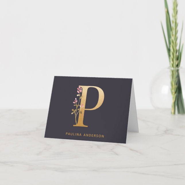 Elegant Gold Floral P Monogram Chic Personalized Note Card (Front)