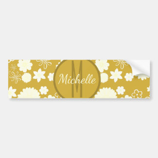 ELEGANT GOLD FLORAL PATTERN CREAM FLOWERS MONOGRAM BUMPER STICKER