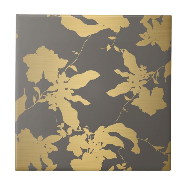 Elegant Gold Floral Pattern Grey Ceramic Tile (Front)