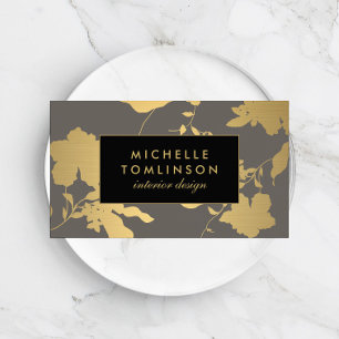 Elegant Gold Floral Pattern Grey Designer Business Card
