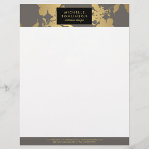 Elegant Gold Floral Pattern Grey Designer Letterhead