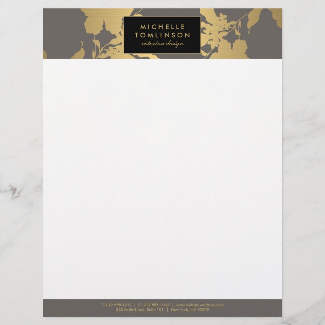 Elegant Gold Floral Pattern Grey Designer Letterhead (Front)