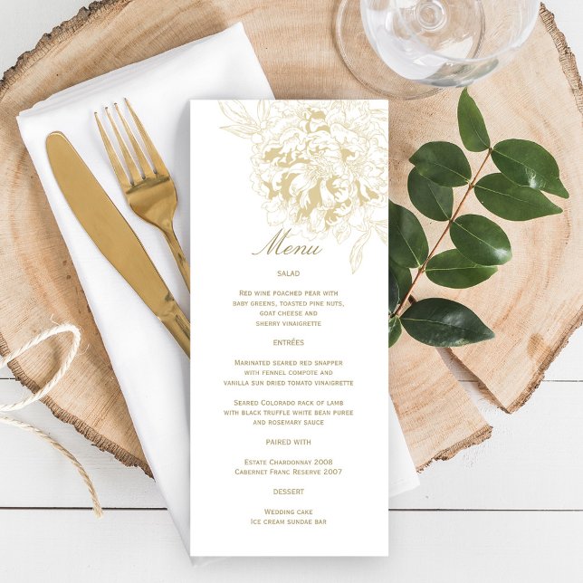 Elegant Gold Floral Peony Wedding Menu (Creator Uploaded)
